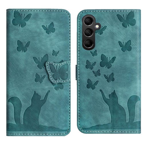 Funda de cuero con tapa y estampado de mariposa y gato para Samsung Galaxy A17 5G / A26 5G (Wathet)