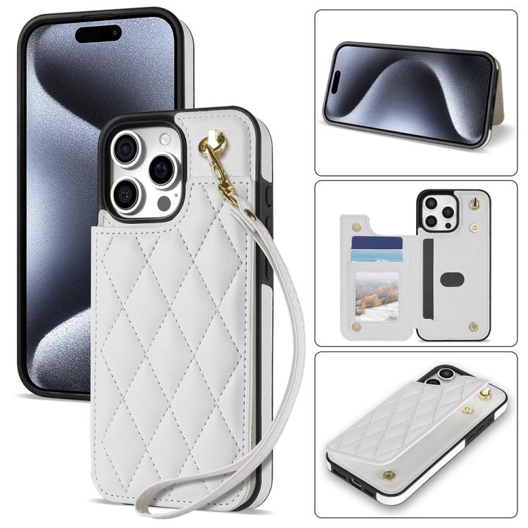 Estuche para Teléfono iPhone 15 Pro Ranuras para Tarjetas Hebilla Doble Rombal con Cordón (Blanco)