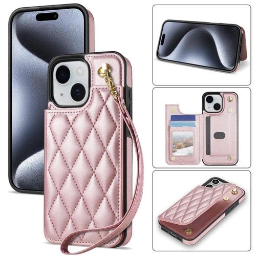 Funda para Teléfono iPhone 13/14 con Ranuras para Tarjetas y Hebilla Doble Rombal con Cordón (Oro Rosa)