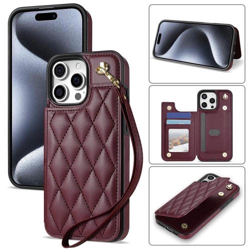 Estuche para Teléfono iPhone 13 Pro Max Ranuras para Tarjetas Hebilla Doble Rombal con Cordón (Rojo Vino)
