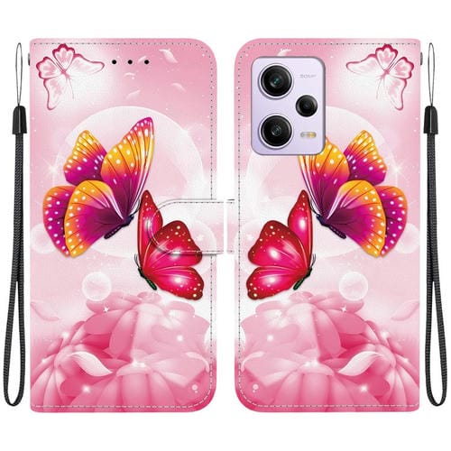 Funda de Cuero con Dibujo de Colores y Textura de Cristal para Redmi Note 12 Pro/Poco X5 Pro (Mariposas Rosas)