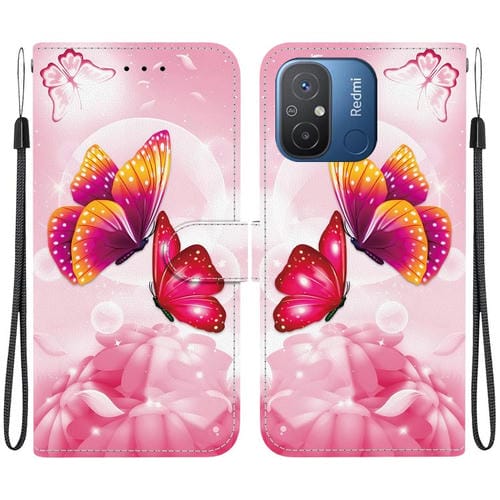 Funda de Cuero con Dibujo de Colores y Textura de Cristal para Redmi 12C/11A (Mariposas Rosas)