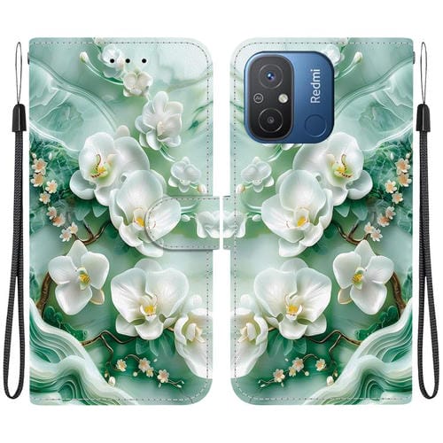 Funda de Cuero con Dibujo de Colores y Textura de Cristal para Redmi 12C/11A (Flores de Jade)