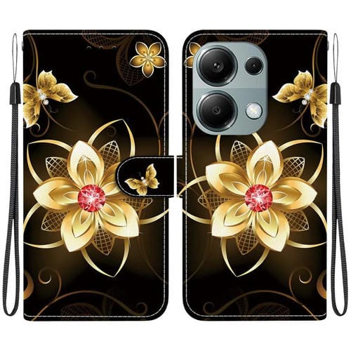 Funda de Teléfono de Cuero con Dibujo de Colores y Textura de Cristal para Redmi Note 13 Pro 4G / Poco M6 Pro (Flor Dorada)