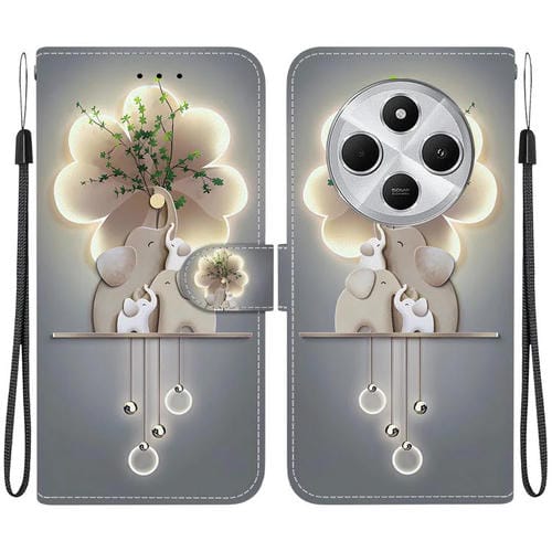 Funda de Cuero con Dibujo de Colores y Textura de Cristal para Redmi 14C 4G (Elefantes)