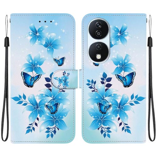 Funda de Cuero con Textura de Cristal y Dibujo para Honor X7B Play 50 Plus (Mariposas Azules)