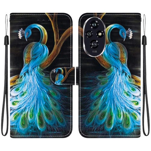Funda de Cuero con Dibujo y Textura de Cristal para Honor 200 5G (Pavo Real)