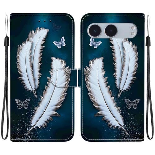 Funda de Cuero para OnePlus Nord 4 con Dibujo de Colores y Textura de Cristal (Plumas de Mariposa Blancas)