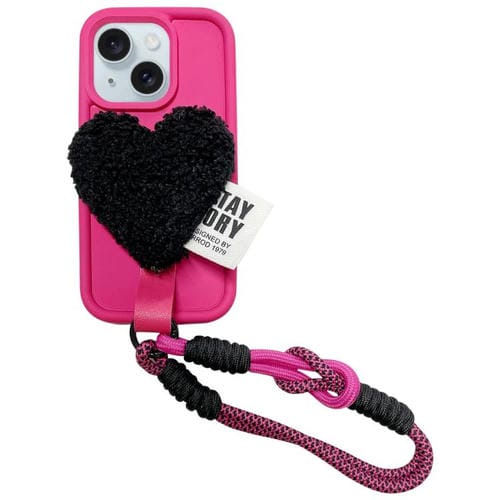 Funda para Teléfono iPhone 15 Diseño Corazón de Peluche con Cordón (Rosa Rojo)