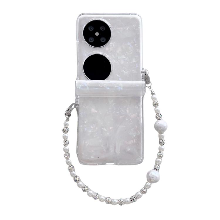 Funda para Teléfono Huawei P50 Pocket con Textura Perlada, 3 Piezas y Pulsera (Beige)
