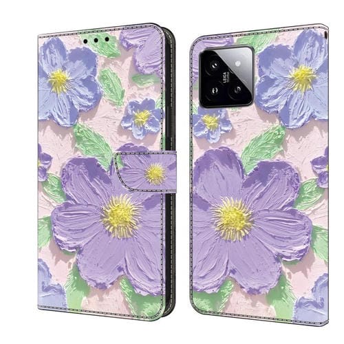 Funda De Cuero Pintada Al Óleo Para Teléfono Xiaomi 14 (Flores Moradas)