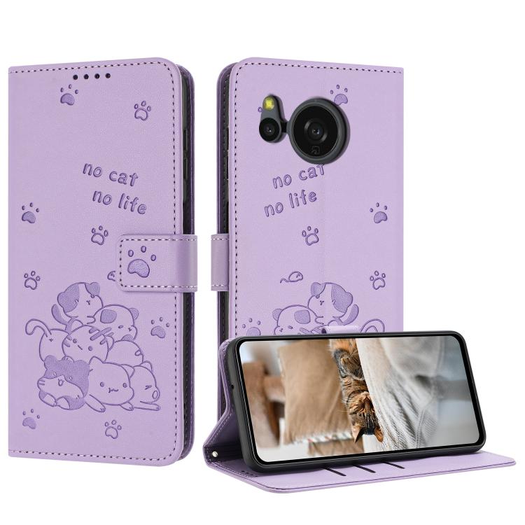 Funda de Cuero para Sharp Aquos Sense 8 con Diseño de Gatito En Relieve y Cordón (Morado)