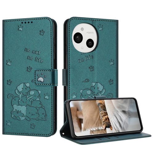 Funda Cuero Sharp Aquos Sense 9 Diseño Gatito En Relieve con Cordón (Verde Oscuro)