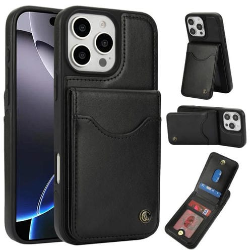 Funda para iPhone 16 Pro Awquer Cuero con Tapa Vertical para Tarjetas y Soporte (Negro)