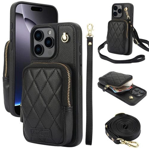 Funda de Teléfono Awquer Crossbody Zipper Wallet Bag para iPhone 16 Pro Max de Cuero de Lichi (Negro)