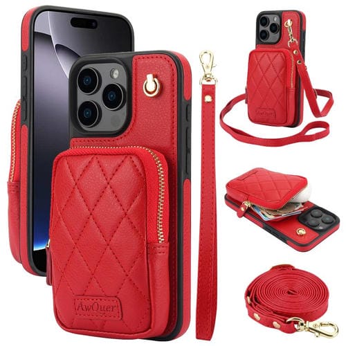 Funda para iPhone 16 Pro Max Awquer Crossbody Zipper Wallet Bag Litchi Leather Phone Case (Rojo)