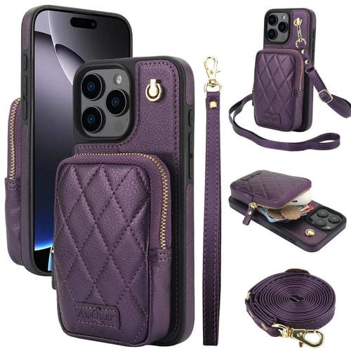 Funda de Teléfono Awquer Crossbody Wallet para iPhone 16 Pro Max Cuero de Lichi (Morado Oscuro)