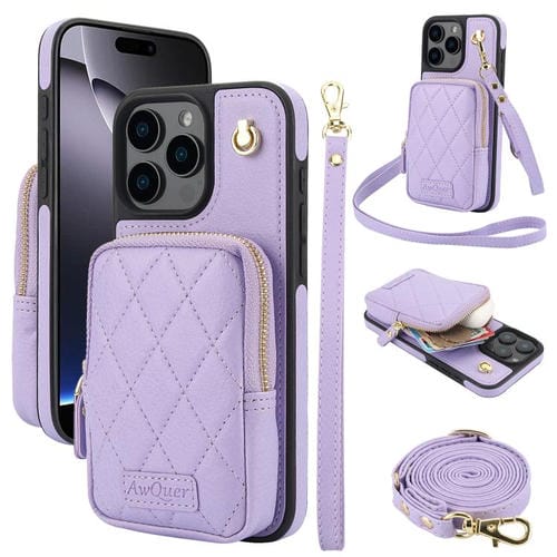 Funda para iPhone 16 Pro Awquer con Cremallera Cruzada Cartera Piel de Lichi (Morado Claro)