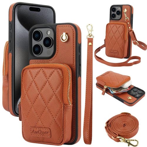 Funda de Teléfono Awquer Crossbody Zipper Wallet Bag para iPhone 15 Pro Max de Cuero de Lichi (Marrón)