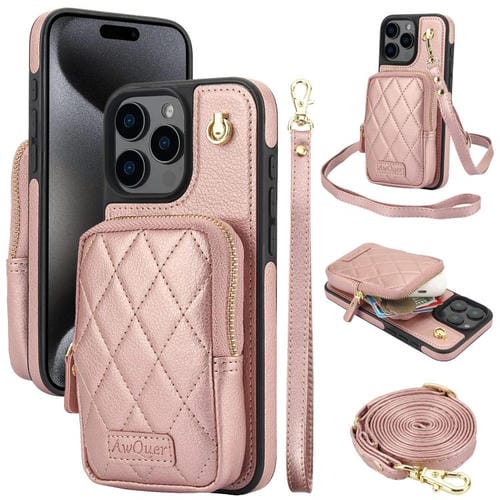 Funda para teléfono Awquer iPhone 15 Pro piel de Lichi con cremallera y cartera cruzada (Oro Rosa)
