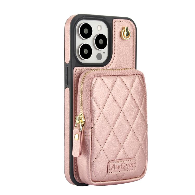 Funda para teléfono Awquer iPhone 15 Pro piel de Lichi con cremallera y cartera cruzada (Oro Rosa)