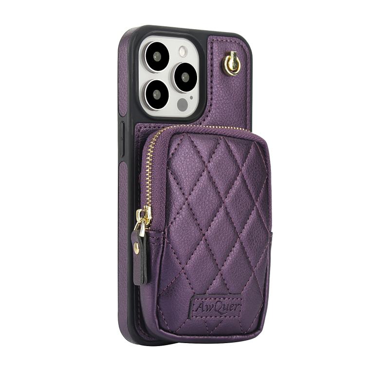 Funda para Teléfono Awquer iPhone 15 Pro Piel de Lichi Cremallera Cartera Cruzada (Morado Oscuro)