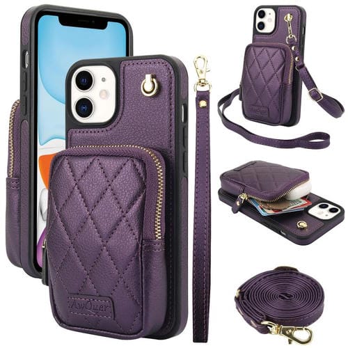 Funda para iPhone 11 Awquer Cartera Bolso Piel de Lichi con Cremallera (Morado Oscuro)