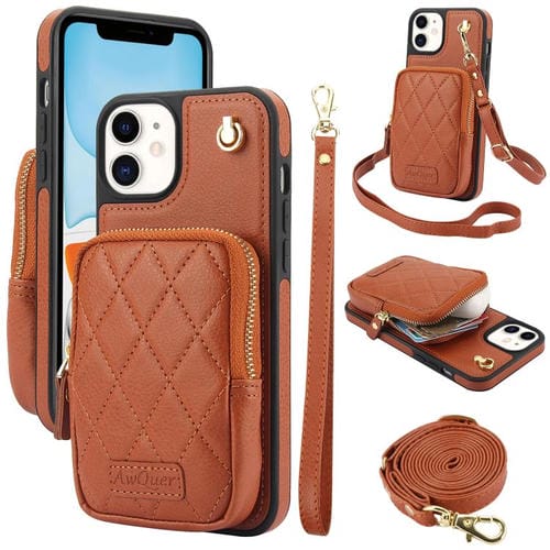Funda para iPhone 11 Awquer con Cremallera Cruzada y Billetera de Cuero de Lichi (Marrón)