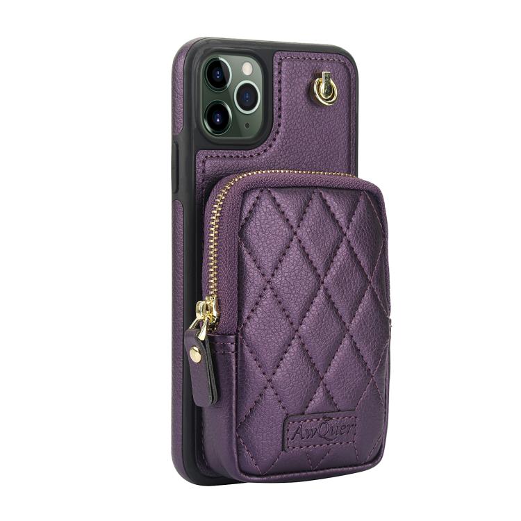 Funda para Teléfono Awquer iPhone 11 Pro Piel de Lichi Cremallera Cartera Cruzada (Morado Oscuro)