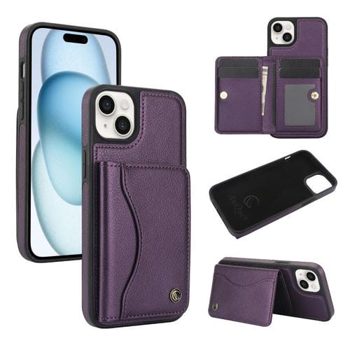 Funda de Cuero con Tapa Horizontal Awquer para iPhone 15 con Tarjetero (Morado Oscuro)