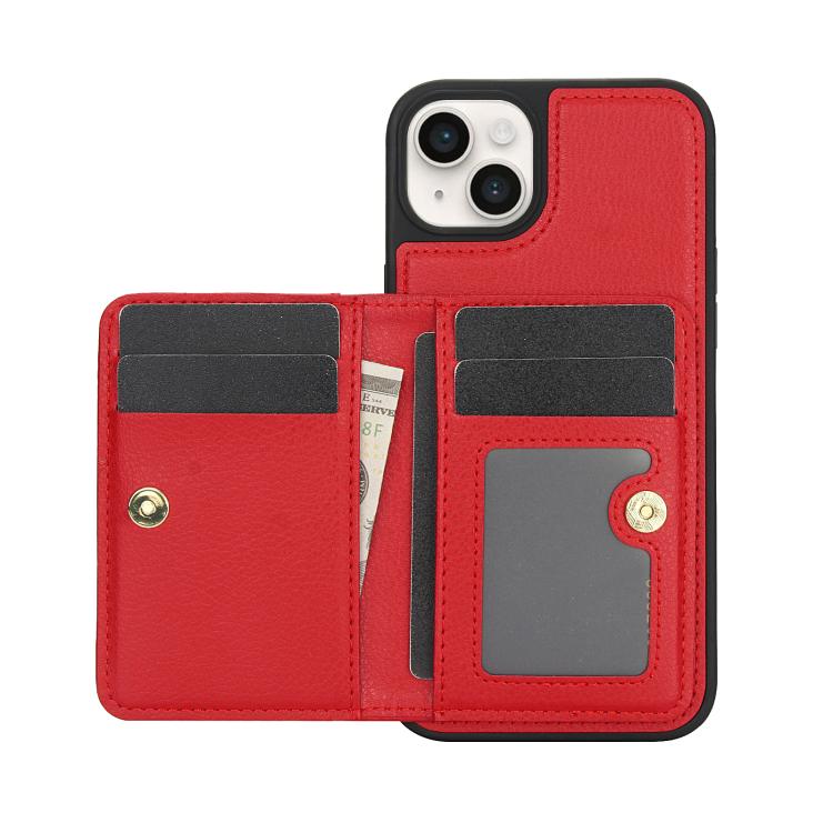 Funda de Cuero Awquer para iPhone 15 Plus con Tapa Horizontal para Tarjetas y Soporte (Rojo)