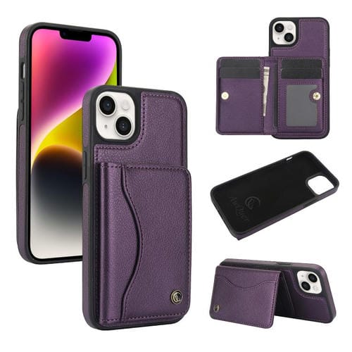 Funda de Cuero Awquer para iPhone 14/13 con Tapa Horizontal para Tarjetas y Soporte (Morado Oscuro)