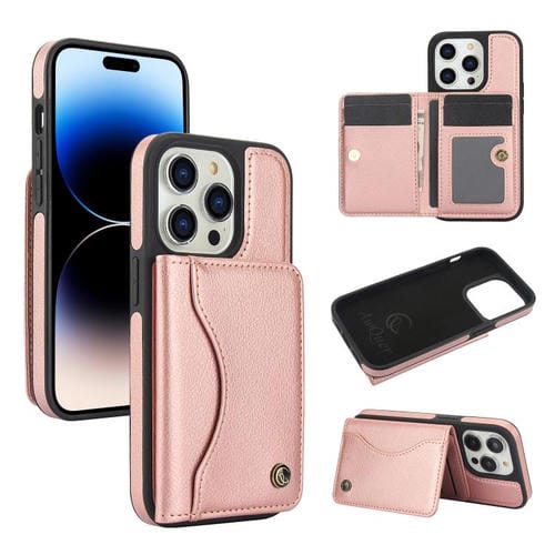 Funda de Cuero Awquer para iPhone 14 Pro con Tapa Horizontal, Tarjetas y Soporte (Oro Rosa)