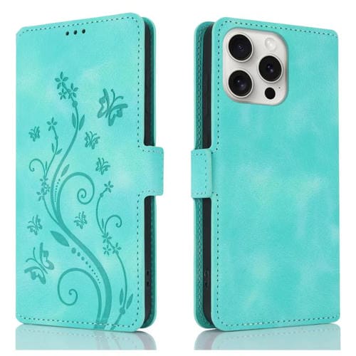 Funda de Cuero con Relieve Mariposa y Flor para iPhone 15 Pro Max (Verde)