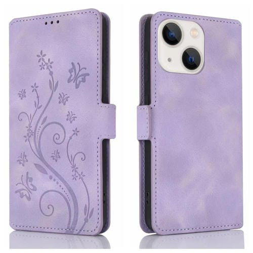 Funda cuero iPhone 14 Plus relieve mariposa flor amor (Morado)