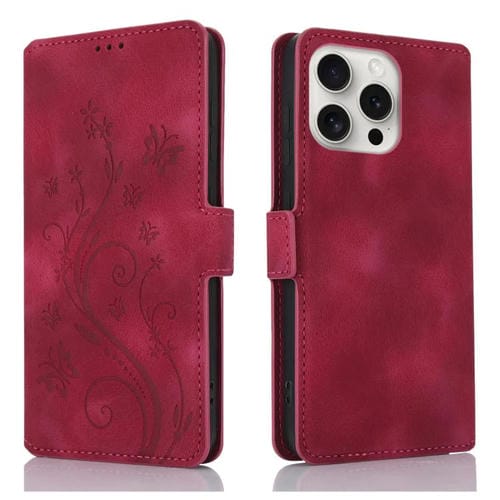 Funda de Cuero iPhone 14 Pro Max Relieve Mariposa Flor Amor Ensueño (Rojo)