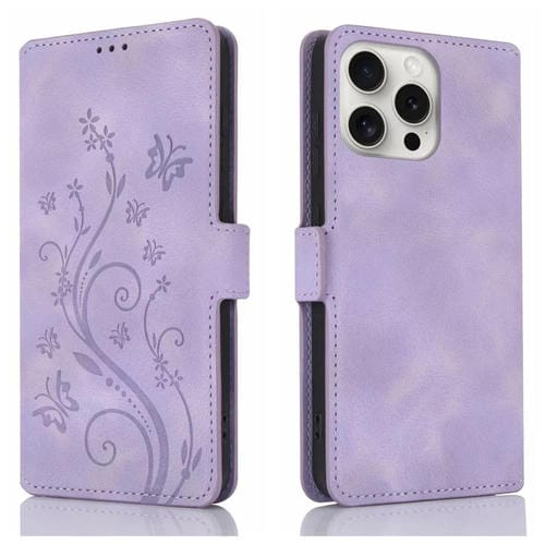 Funda de Cuero iPhone 13 Pro Relieve Mariposa Flor Amor Ensueño (Morado)