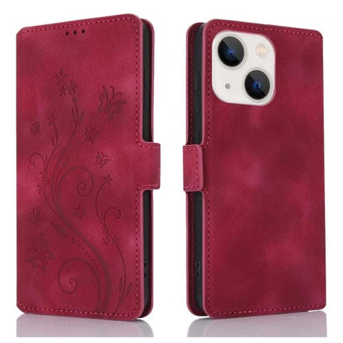 Funda de Cuero iPhone 13 Relieve Mariposa y Flor Amor Ensueño (Rojo)