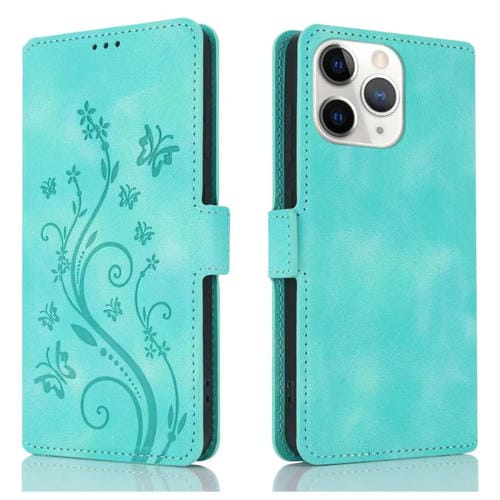 Funda de Cuero con Relieve Mariposa y Flor para iPhone 11 Pro Max (Verde)