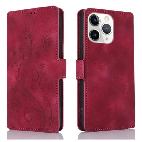 Funda de Cuero iPhone 11 Pro Relieve Mariposa y Flor Amor Ensueño (Rojo)