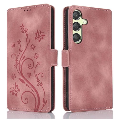 Funda Cuero Samsung Galaxy A54 5G con Relieve Mariposa y Flor de Amor (Oro Rosa)