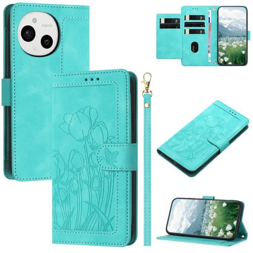 Funda de Cuero con Relieve de Tulipanes para Sharp Aquos Sense9 con Cordón (Verde)