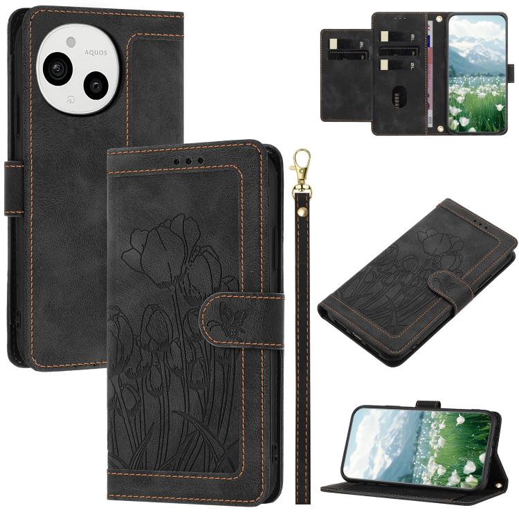 Funda de Cuero con Relieve de Tulipanes para Sharp Aquos Sense9 con Cordón (Negro)