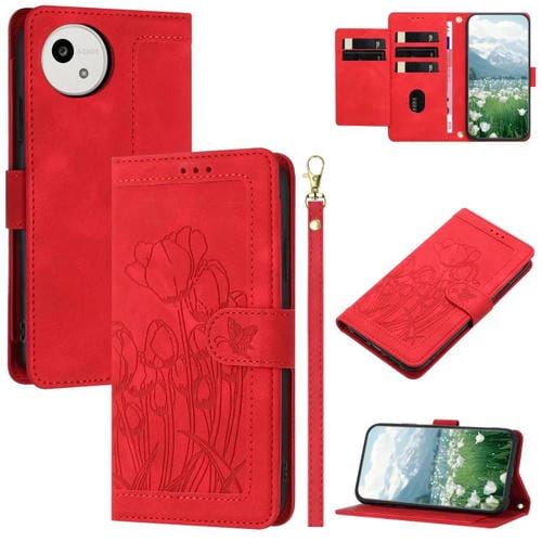 Funda de cuero con relieve de tulipanes y cordón para Sharp Aquos wish5 (roja)