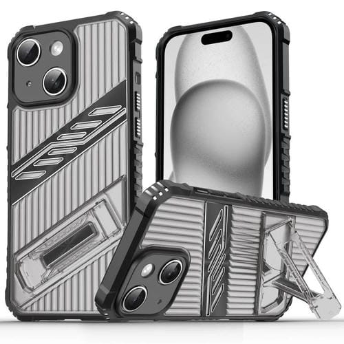 Funda híbrida TPU para iPhone 15 Plus con soporte para PC (Gris y Negro)