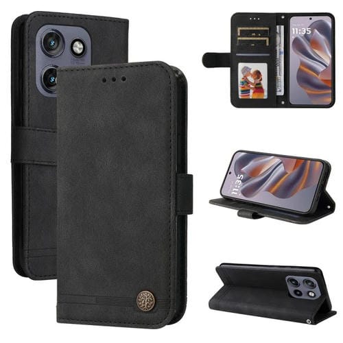 Funda de Cuero con Botones de Metal y Diseño Árbol de la Vida para Motorola Edge 50 Neo/Thinkphone 25 (Negro)