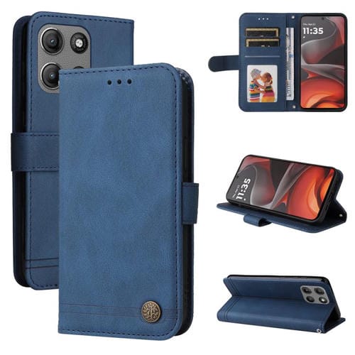 Funda de Cuero con Botones de Metal y Diseño Árbol de la Vida para Motorola Moto G15/G15 Power (Azul)