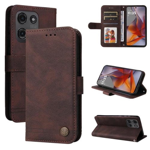 Funda de Cuero Motorola Moto G75 5G con Botones de Metal y Diseño Árbol de la Vida (Marrón)