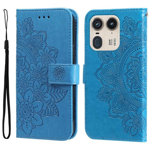 Funda de Cuero con Relieve de Flores de Siete Pétalos para Motorola Edge 50 Ultra / X50 Ultra (Azul)