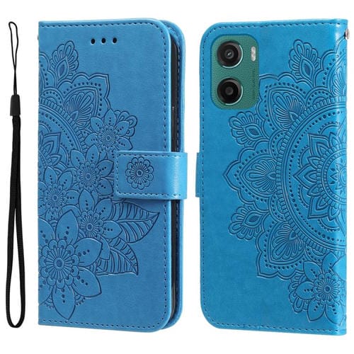 Funda de Cuero con Relieve Flores Siete Pétalos para Motorola Moto G05/E15 (Azul)